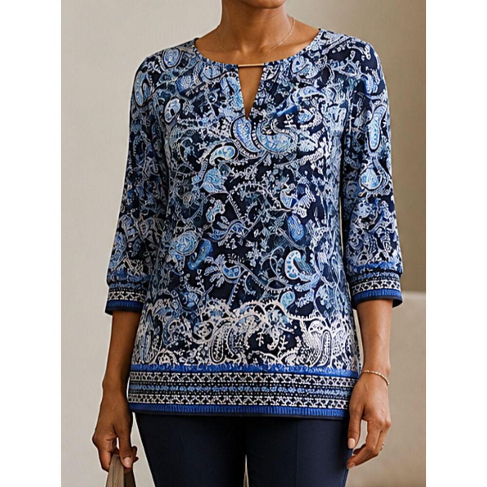 Roz & Ali Small Blue Paisley Tunic Top 3/4 Sleeve Keyhole Boho Stretch Blouse